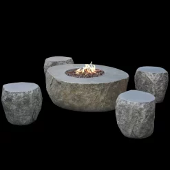 Gardenforma Sitzgruppen-Set: Gas Feuerstelle Vesuv In Basaltoptik Aus Faserbeton & 4x Hocker -Küchengrill OFG110GR SET1