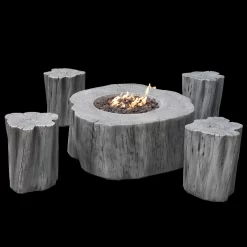 Gardenforma Sitzgruppen -Set: Gas Feuerstelle Manchester Aus Faserbeton In Baumstammoptik, Hellgrau & 4x Hocker -Küchengrill OFG145CG SET1