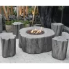 Gardenforma Sitzgruppen -Set: Gas Feuerstelle Manchester Aus Faserbeton In Baumstammoptik, Hellgrau & 4x Hocker